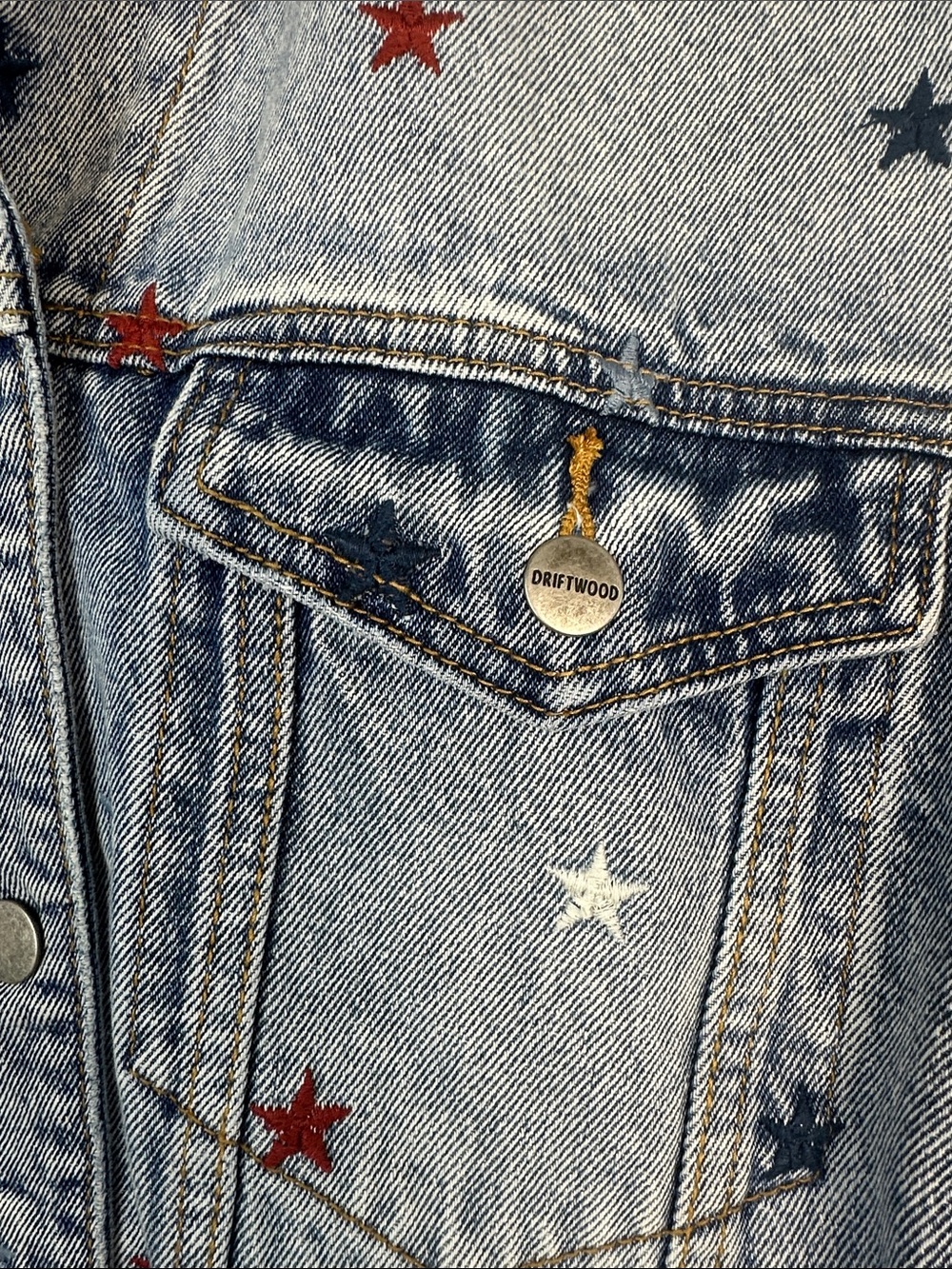 NEW DRIFTWOOD Starry Eyed Denim Blue Jean Jacket Embroidered Stars XL Cotton - Picture 7 of 16